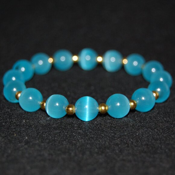 Blue Cat Eye Bracelet,Blue Bracelet,10mm Blue Cat Beaded Bracelet,Special,Lovely - Picture 3 of 4